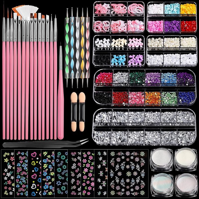 basic nail art design tools including brushes, dotting tools, and striping tape