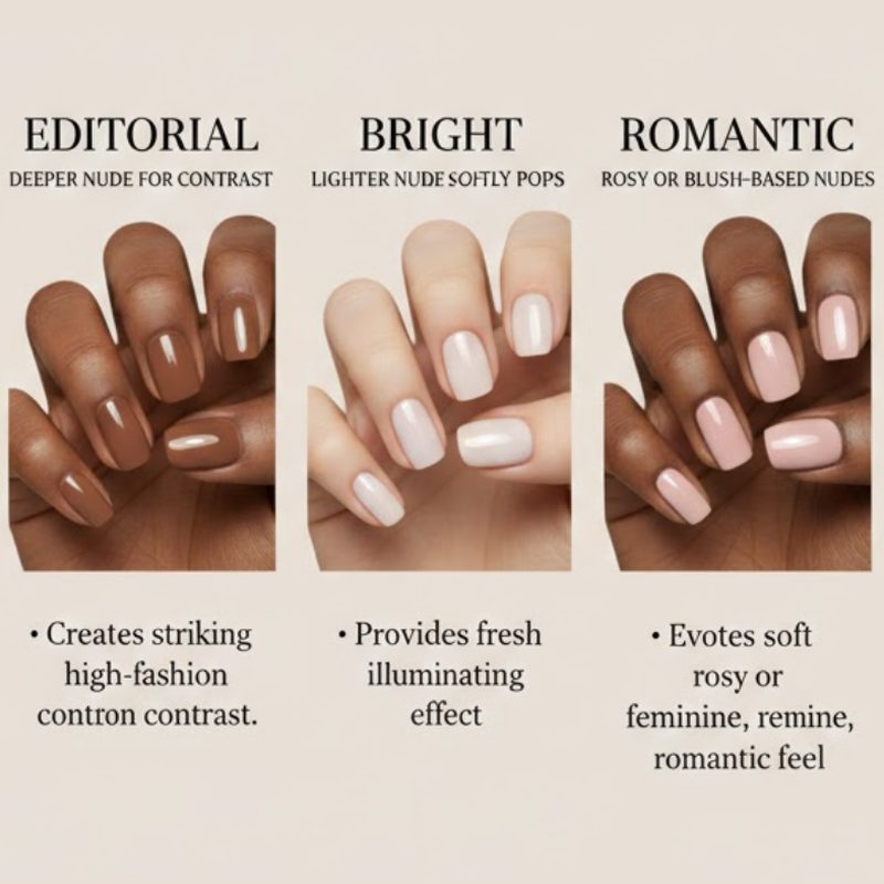 nude nail polish color swatches on different skin tones
