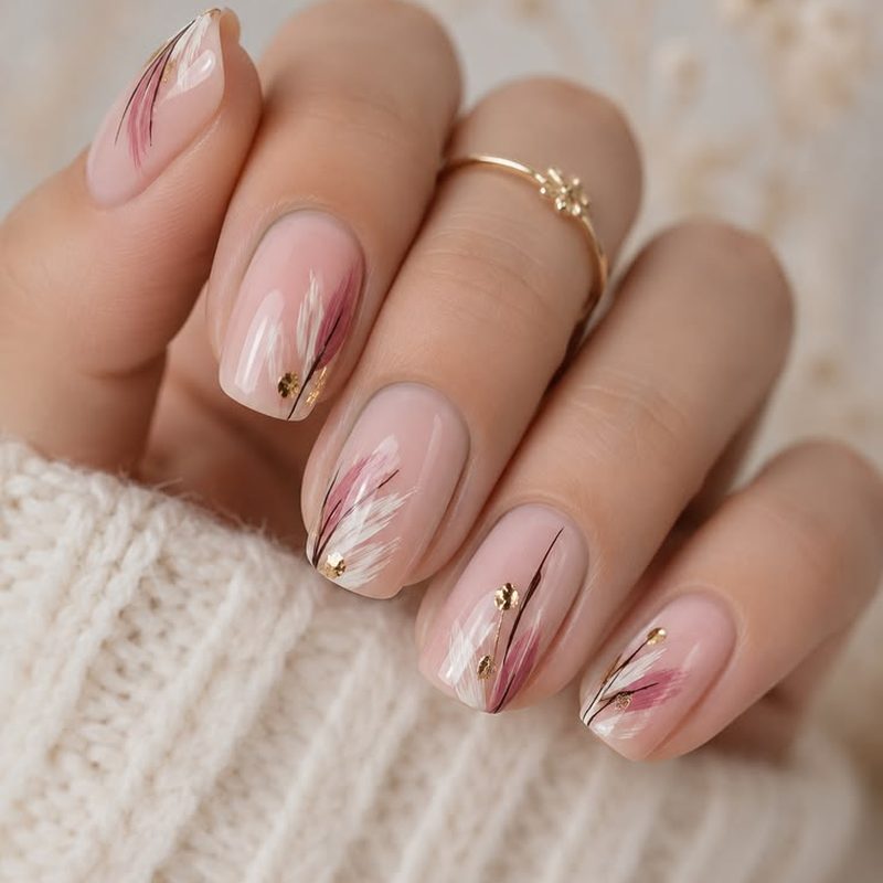 nude nail polish with minimalist white line nail art