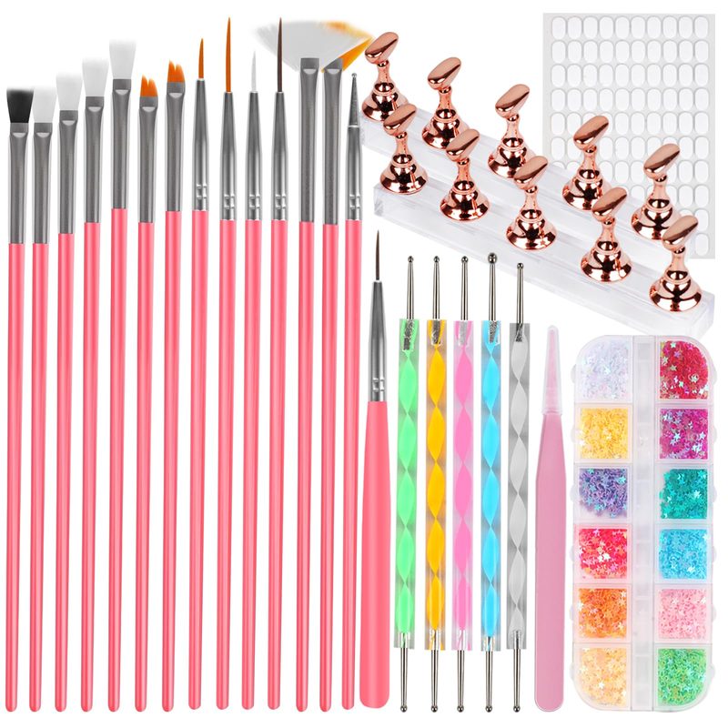 professional nail design brush set with colorful nail art examples
