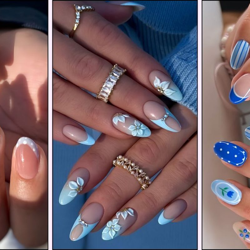 seasonal blue nail designs showcasing deep winter blue and bright summer blue manicures