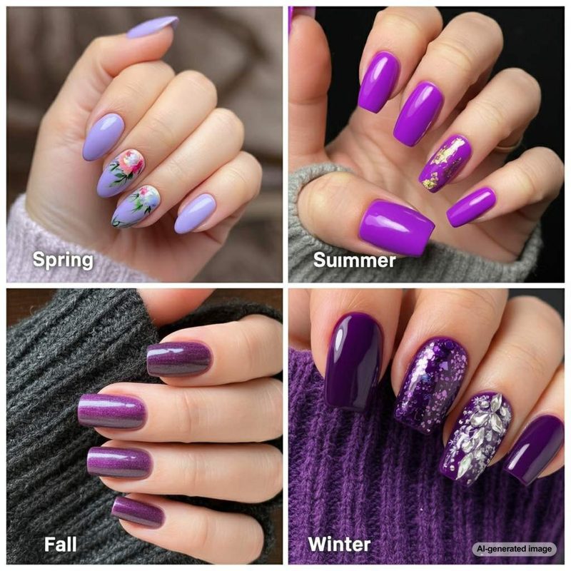seasonal purple nail designs featuring lavender for spring and plum for fall