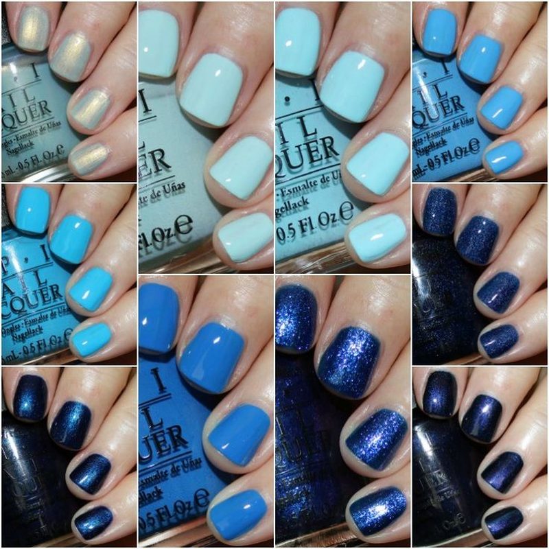 swatches of popular blue gel nails including metallic and pastel blue manicure ideas