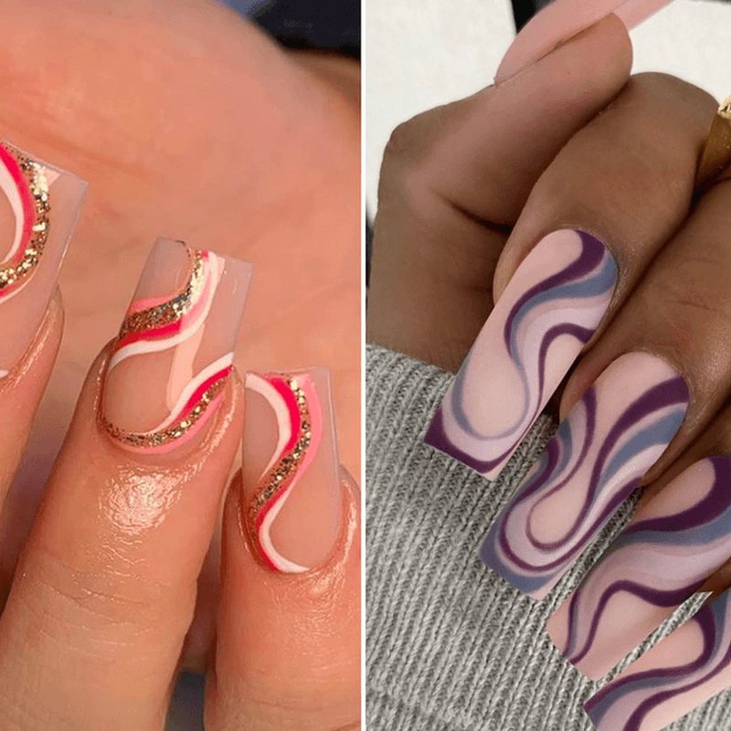 varied color palettes used in abstract swirl nail designs