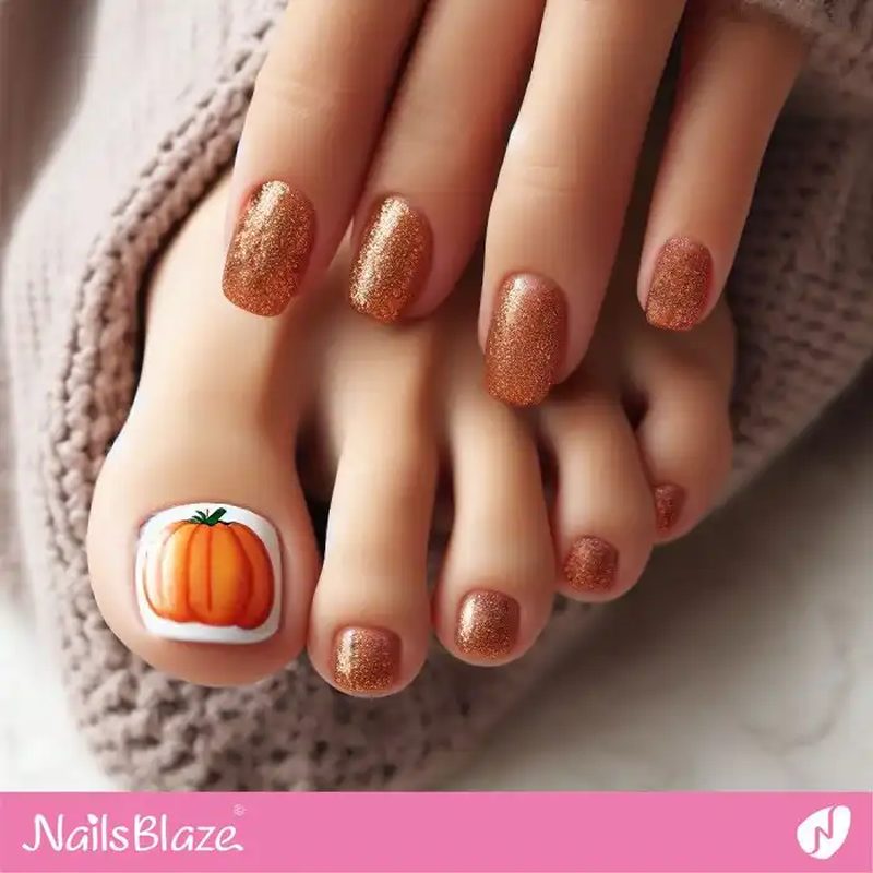 variety of pumpkin toe nail design styles with glitter and matte finishes