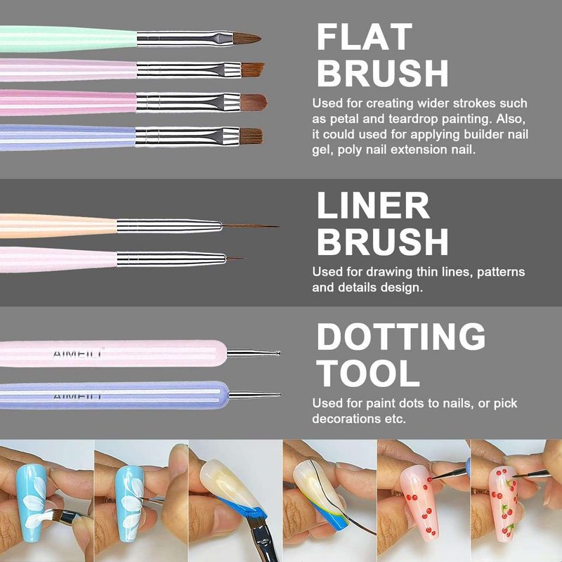 various types of nail art brushes arranged neatly in a set
