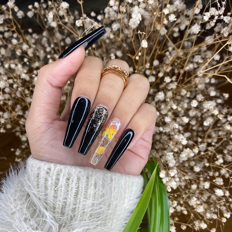 bold coffin nails with neon colors and rhinestones