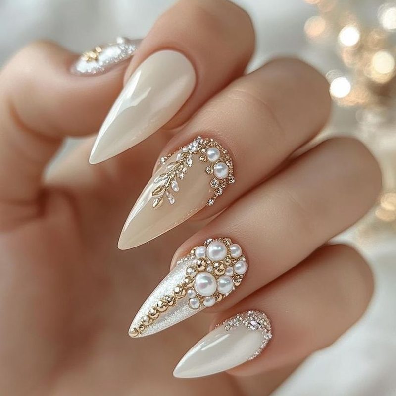 close up of trendy pearl nail designs showcasing elegant nail art