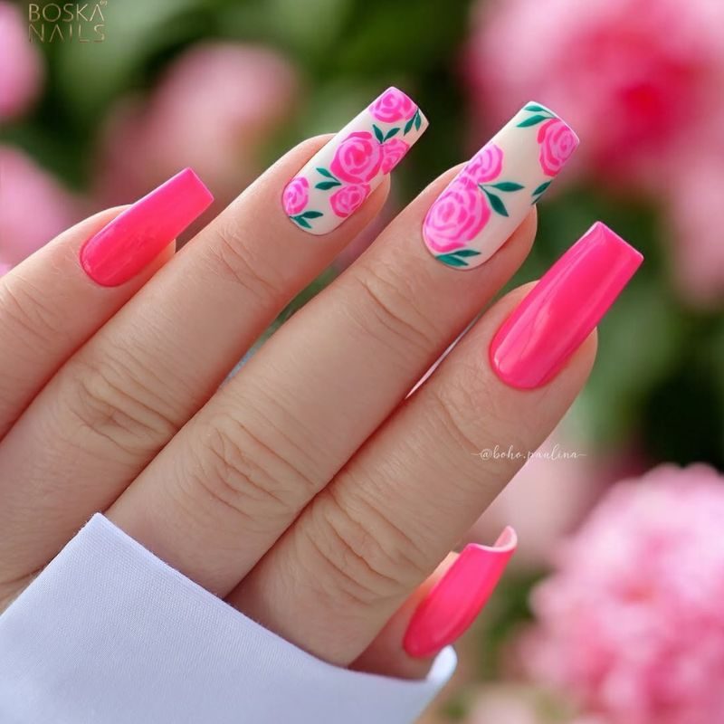 colorful coffin nails featuring tropical patterns and vibrant summer nails