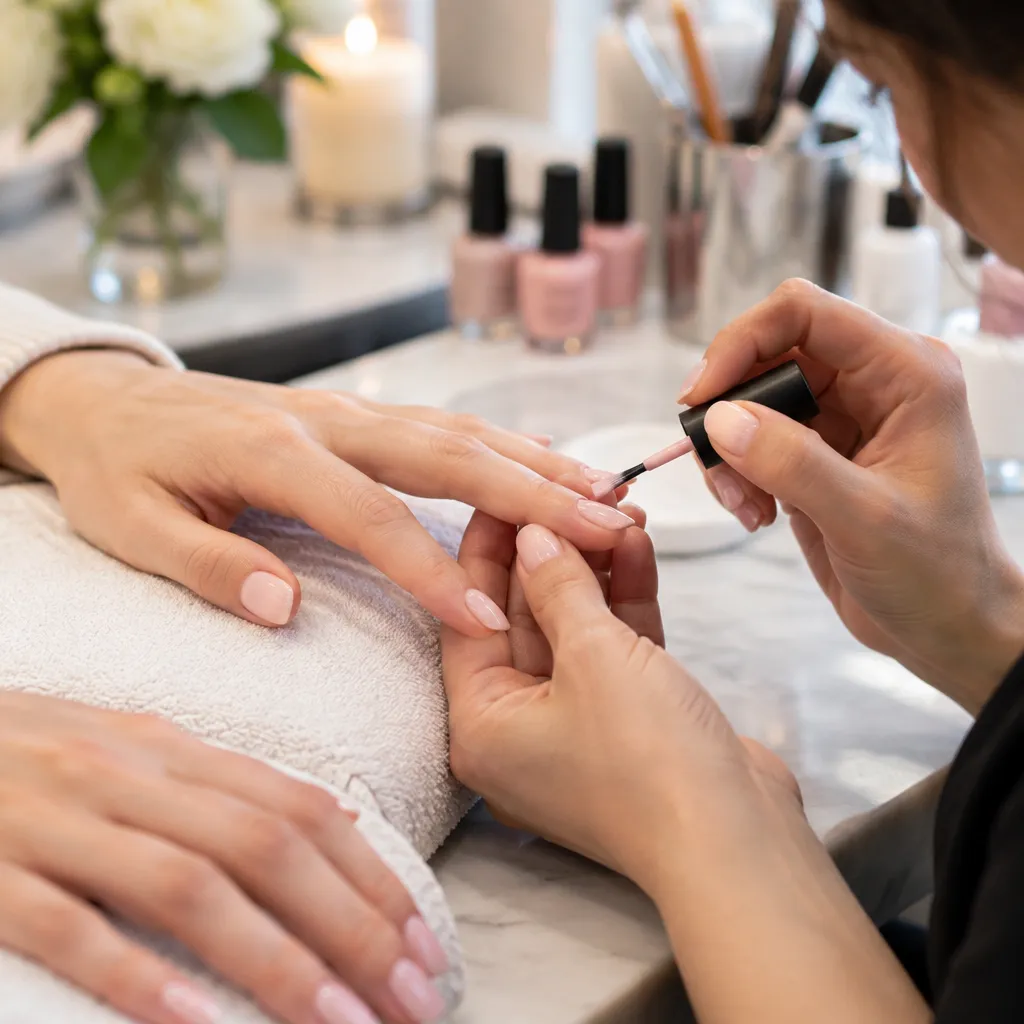 Technician performing a classic manicure with light pink polish at Ruby Nails & Spa
