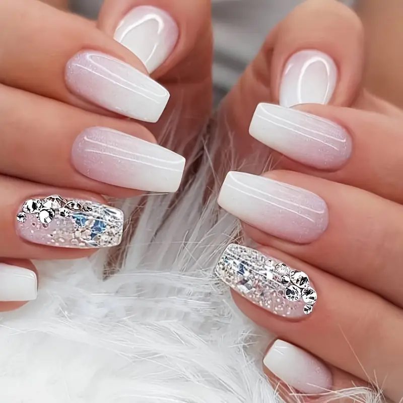 Mixed design white press on nails featuring matte, glossy, and floral accents