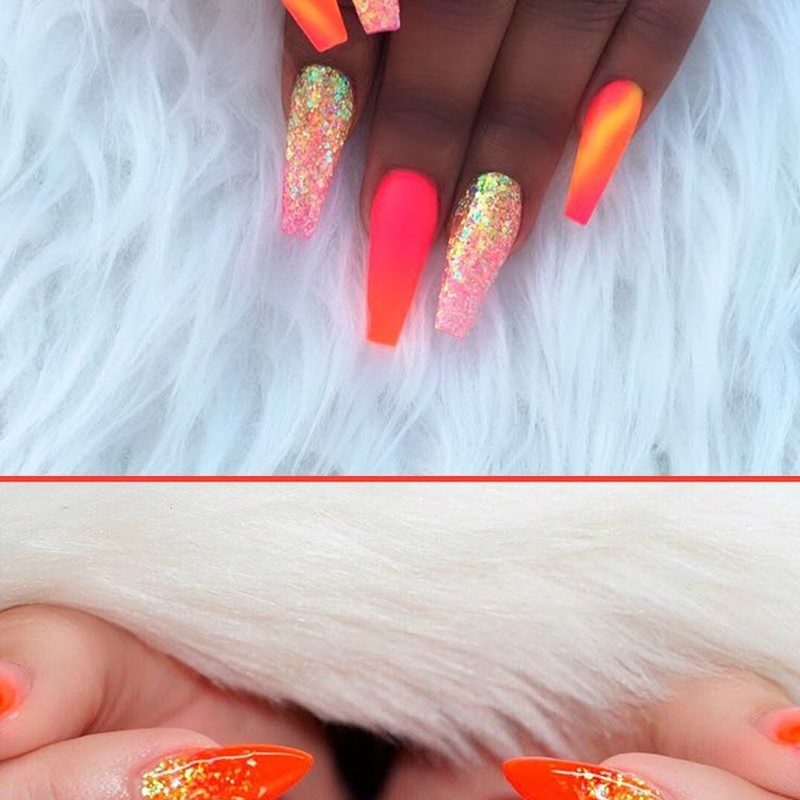 neon orange nails with designs