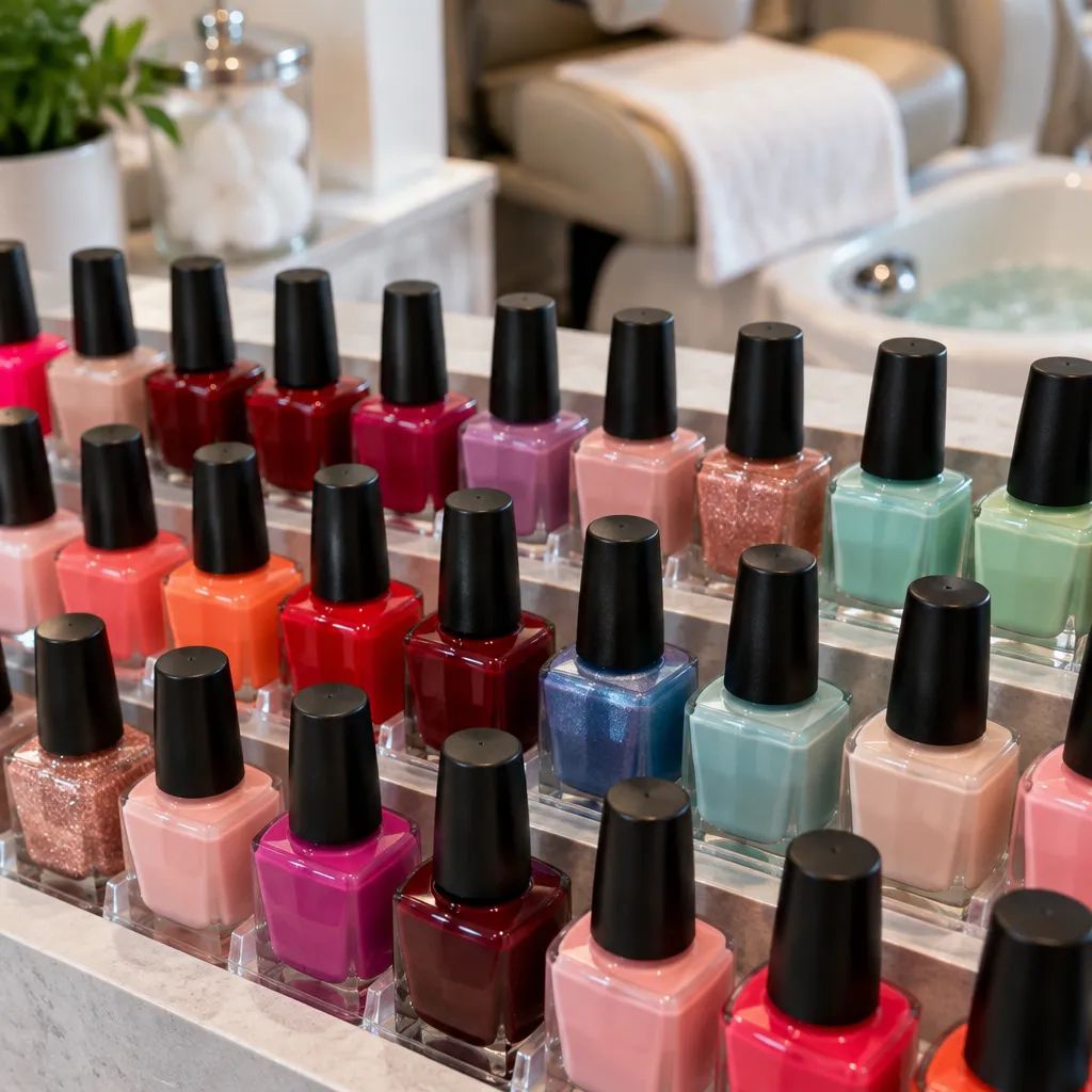 Variety of nail polish colors for pedicure services
