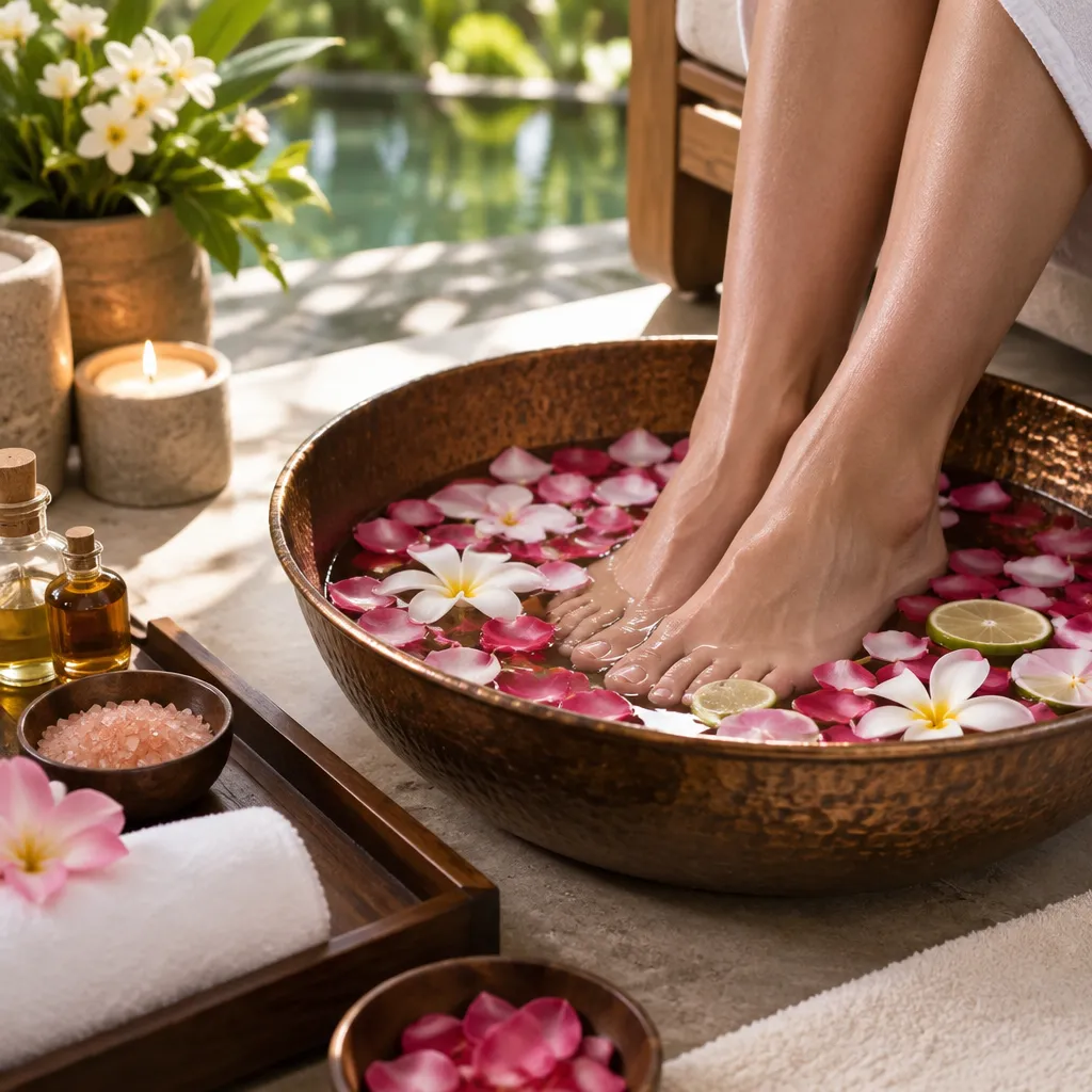 Foot bath with flower petals in a relaxing spa environment