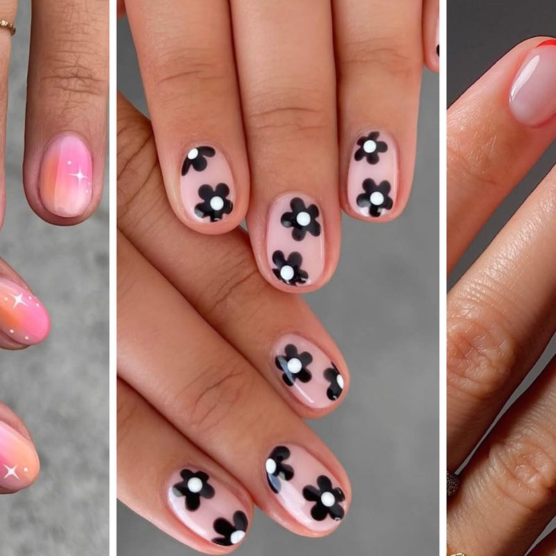 short nails with bold colorful graphic nail designs