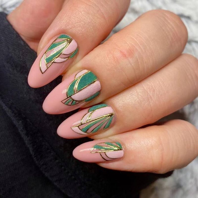 variety of art deco nail designs on different nail shapes and colors