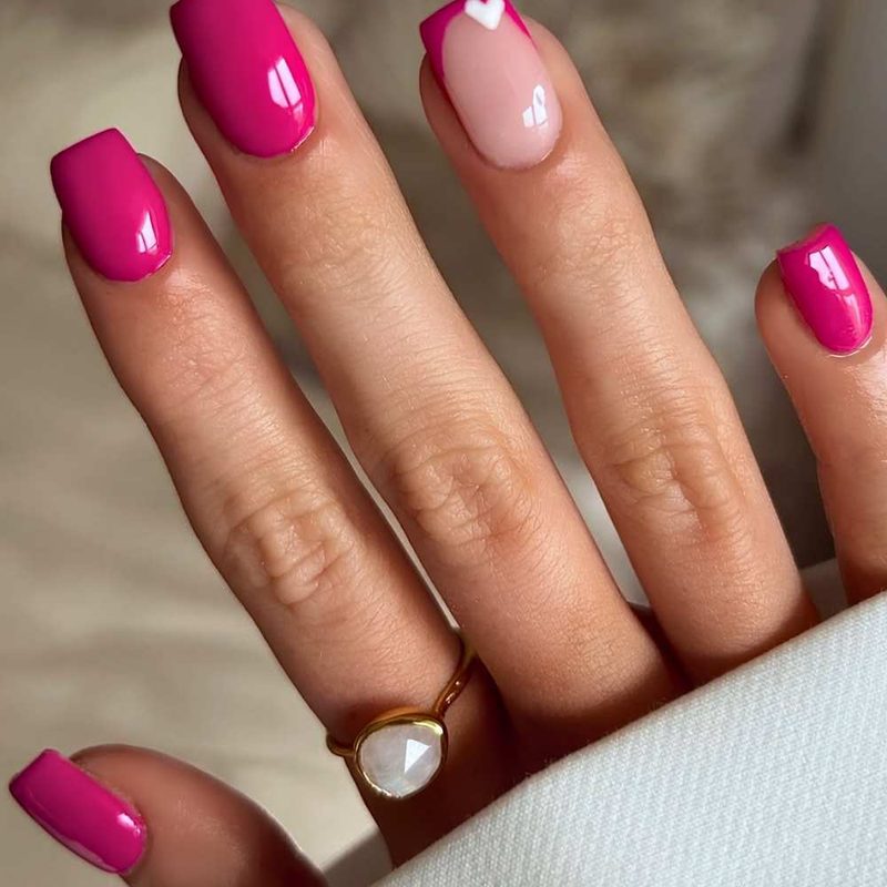 various hot pink nail designs with geometric and floral elements
